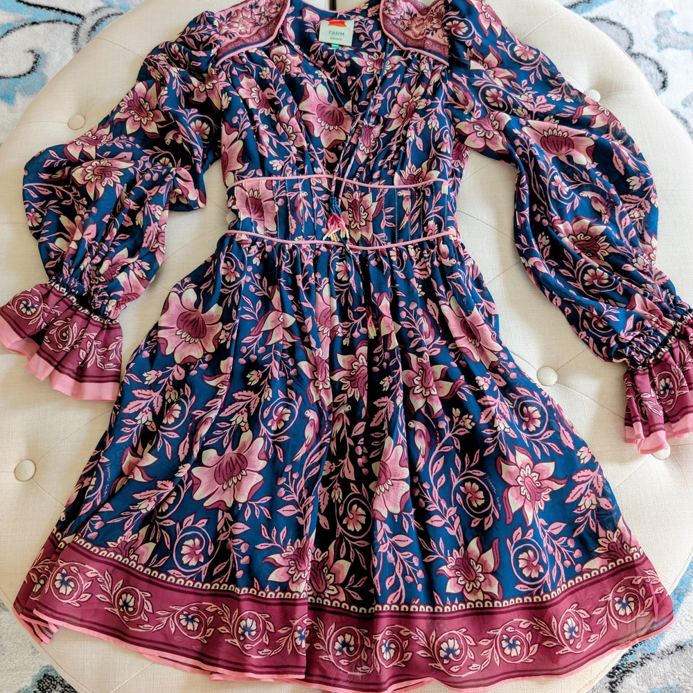 NEW Farm Riol V-neck Fitted Flair Floral Dress XXS